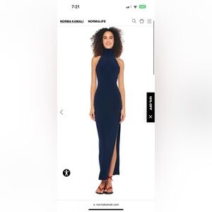 Navy Norma Kamali halter turtle side slit gown